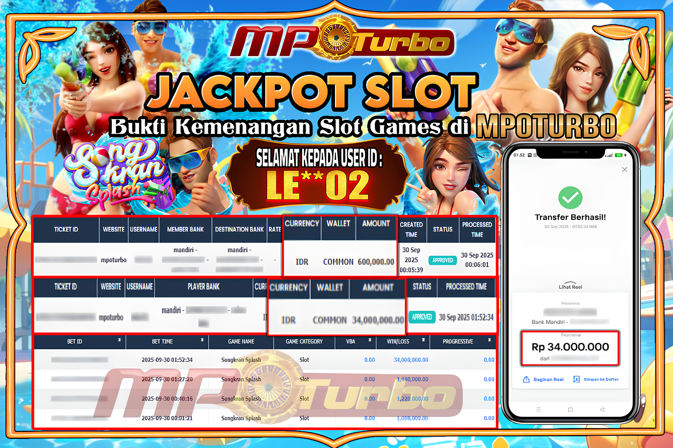 MPOTURBO JACKPOT SLOT SONGKRAN SPLASH - PG SOFT Rp 34,000,000.00,- LUNAS